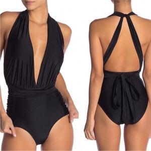 Nicole Miller Black Halter Plunge Convertible Swimsuit‎